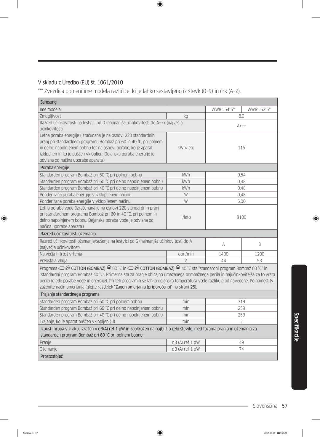 Samsung WW80J5355FW/AD, WW70J5355FW/AD, WW70J5355MW/AD, WW80J5345FW/LE, WW70J5345MW/LE, WW80J5345MW/LE manual Slovenščina 57  